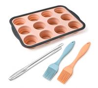 Lobaake 4 Piece Silicone Muffin Tray Set 12 Cup Muffin Mould & Cupcake Tray | Silicone, stainless steel; Baking, demoulding, shaping; Yorkshire puddings, muffins, desserts; 1 mould, 1 tongs, 2 brushes