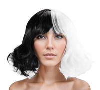 Lobamop Short Bob Wigs with Bangs Shoulder Length Bob Wavy Wig for Women Short Curly Wig for Women(Black and White)