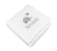 Lobeko Personalised Baby Blanket Embroidered with Name & Elephant Design Soft Customised Blanket for Newborn Baby Girl Baby Boy Cot & Pram Blanket Baby Girl Baby Boy Present 100x75cm (White)