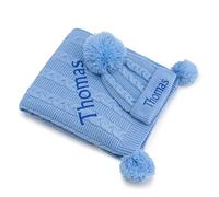 Lobeko Personalised Baby Cable Knit Blanket and Beanie Hat Gift Set For Baby with Name, Embroidered Baby Blanket with Pom Winter Hat, Baby Gift Set, 0-12 Months, 7 Colours (Baby Blue)