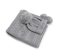 Lobeko Personalised Baby Cable Knit Blanket and Beanie Hat Gift Set For Baby with Name, Embroidered Baby Blanket with Pom Winter Hat, Baby Gift Set, 0-12 Months, 7 Colours (Grey)