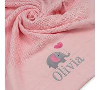 Lobeko Personalised Baby Cellular Blanket 100% Cotton Breathable Summer Swaddle Blanket for Newborn Custom with Name or Name & Elephant 70x105cm Pink, Blue, Grey (Pink)
