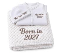 Lobeko Personalised Baby Gift Set for Newborn Baby, Embroidered Waffle Blanket, Cotton Sleepsuit & Hat 0-3 Months - Custom Baby Name for Boys, Girls & New Parents (Taupe Thread Colour)