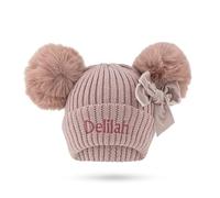 Lobeko Personalised Baby Hat with Double Faux Fur Poms Custom Knitted Winter Hat for Boys & Baby Girls 0-12 Months Soft Warm Beanie 7 Colours Newborn Infant Name on Hat Dusty Rose