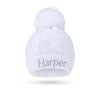 Lobeko Personalised Baby Knitted Pom Beanie, Cable Knit Winter Hat, 0-12 Months, 7 Colours (UK, Age, 0 Months, 12 Months, White)