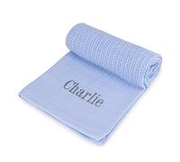 Lobeko Personalised Cellular Baby Blanket with Embroidered Name 100% Cotton Pink White Blue Grey Newborn Baby Gift Breathable (Blue)
