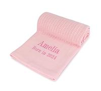 Lobeko Personalised Cellular Baby Blanket with Embroidered Name 100% Cotton Pink White Blue Grey Newborn Baby Gift Breathable (Pink)