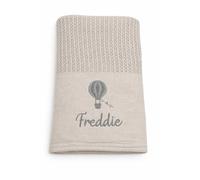 Lobeko Personalised Cellular Baby Blanket with Embroidered Name - 100% Cotton Soft Breathable Newborn Blanket, Pram Crib Moses Basket Blanket, Hot Air Balloon Design, 70x110cm (4 Colours) (Grey)