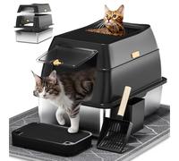 LOBEVE Stainless Steel Cat Litter Tray with Hood, Front & Top Entry, Extra Large Enclosed Metal Kitty Litter Box with Scoop & Mat - Black