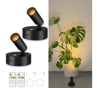 lobolighting Wireless Indoor Spot Lights with Remote, 2Pack Battery Operated Spotlights Black Up Lights LED Picture Accent Light with Timer, Dimmable Uplighting Stick on Wall Light for Plant Artwork