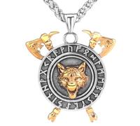 LOBON Nordic Viking Necklace Norse Mythology Giant Wolf Head Fenrir Pendant for Men Stainless Steel Gold Color Necklace Jewelry, Stainless Steel, No Gemstone