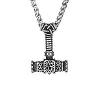 LOBON Nordic Viking Thor Hammer Mjolnir Necklace Nordic Mythology Pendant for Men Amulet Stainless Steel Jewelry Gift, Stainless Steel, No Gemstone