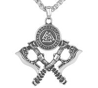 LOBON Viking Shield Double Axe Necklace Nordic Warrior Weapon Pendant Stainless Steel Valknut Wolf Raven Amulet Jewelry for Men Women metal, Stainless Steel, No Gemstone