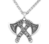 LOBON Viking Shield Double Axe Necklace Nordic Warrior Weapon Pendant Stainless Steel Valknut Wolf Raven Amulet Jewelry for Men Women metal, Stainless Steel, No Gemstone