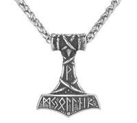 LOBON Viking Thor Hammer Necklace Nordic Vegvisir Valknut Symbol Pendant Stainless Steel Norwegian Amulet Jewelry Gift for Men Women, Stainless Steel, No Gemstone