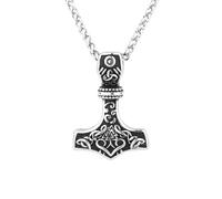 LOBON Viking Thor Hammer Necklace Nordic Vegvisir Valknut Symbol Pendant Stainless Steel Norwegian Amulet Jewelry Gift for Men Women, Stainless Steel, No Gemstone