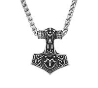 LOBON Viking Thor Hammer Necklace Nordic Vegvisir Valknut Symbol Pendant Stainless Steel Norwegian Amulet Jewelry Gift for Men Women, Stainless Steel, No Gemstone