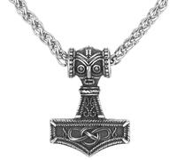 LOBON Viking Thor Hammer Necklace Nordic Vegvisir Valknut Symbol Pendant Stainless Steel Norwegian Amulet Jewelry Gift for Men Women, Stainless Steel, No Gemstone
