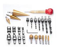 Loboo Idea 26 Pieces/Set Drilling Tools, Including 6 Countersink Drill Bits, 7 Three Pointed Drill Bit,1 L-Wrench, 8 Wood Plug Cutter, 4 Step Drill Bit Set (26 Pieces/Set, Silver and Gold)