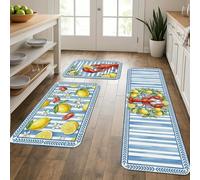 Lobster and Lemon Kitchen Mats for Floor, Coastal Nautical Style Cushioned Washable Rugs for Kitchen Sinks, Laundry Room, Bathroom 3pcs