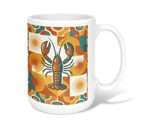 Lobster Ceramic Coffee Mug, Retro Bold Sunburst Geometric Summer Orange Novelty Office Drinking Cup with Handle Ideal for Friends Family Lovers Eldership Senior Co-Worker 15 Oz