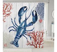 Lobster Shower Curtain Coral Bathroom Shower Curtain Sets Marine Life Seaside Vintage Farmhouse Fabric Shower Curtain 72"Wx72"L Blue Red Watercolor Ocean Animals Plant Wooden Grain Retro Bath Curtain