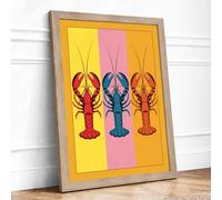 Lobster Trio Pop Art Framed Wall Art Print A3 (42×29.7cm) Oak, Wall Decor for Living Room, Bedroom, Office & Home, Ready to Hang, Art Gift