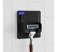 LOBUX® - 2 x Self-Adhesive Shower Razor Holder, Super Grip [Soft-Touch Silicone] - Razor Holder Shower, Waterproof - Organiser System for Bathroom, Mirror, Shower, Wall (Black)