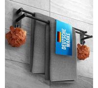 LOBUX® - Towel Rail No Drilling Black - 60 cm, Rustproof Stainless Steel - Double Bathroom Towel Holder, Self-Adhesive - Towel Rail, Bath Towel Holder with 2 Towel Hooks - Bathroom, Shower Screen,