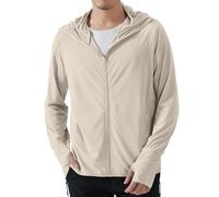 Locachy Men's UPF 50+ Sun Protection Outdoor Lightweight Full Zip Hoodie Jacket Long Sleeve Fishing Hiking Performance Shirt, Light Khaki, M