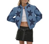Locachy Women's Casual Cropped Puffer Jacket Lightweight Flower Embroidery Winter Warm Quilted Jacket Coat with Pockets, Blue, Small