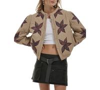 Locachy Women's Casual Cropped Puffer Jacket Lightweight Flower Embroidery Winter Warm Quilted Jacket Coat with Pockets, Khaki, S