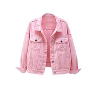 Locachy Women's Casual Denim Jacket Solid Color Basic Long Sleeve Jean Jacket Coat, Pink, Medium