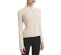 Locachy Women's Slim Fit Full Zip Athletic Running Sports Workout Jacket with Thumb Holes, Style 01 Beige, X-Small