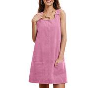 Locachy Women's Vintage Denim Overall Dress Casual Sleeveless Crewneck Mini Jean Jumper Dress with Pocket, Pink, XL