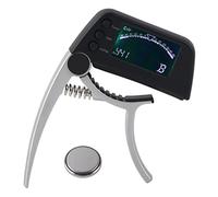 LOCADENCE Guitar Capo Tuner, Guitar Tuner and Capo 2In1 Clip Sensitive Professional Tuner with Button Battery for Acoustic Guitars, Electric Guitars, Classical Guitars and Ukuleles (Silver)
