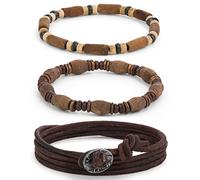 LOCAL LEAGUE Mens Bead Bracelets, Beaded Bracelet Set 3x - SURF CREW HAWAII - Adjustable Leather Cord Wrap Wristband TROPICAL WOOD Beads for Men, Women, Holidays BEACH Festival, Boyfriend