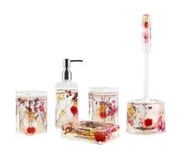 Locco Decor Bathroom Vanity Accessory Set Acrylic Liquid 3D Floating Motion Toothbrush Holder, Tumbler, Soap Dispenser, Soap Dish, Toilet brush, 5-Piece Accessory Set Garden Botanic Pink Plants