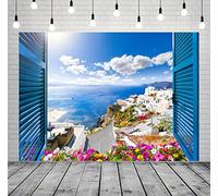 Loccor 2.7x1.8m Fabric Greece Backdrop Aegean sea Traditional Architecture Flowers Window Scenery Photography Background Momma Mia Theme Birthday Party Decorations Wedding Portrait Photo Booth Props