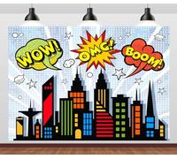 Loccor 7x5ft Fabric Cartoon Super City Backdrop Colorful Comic Style Urban City Nightscape Background for Superhero Birthday Party Decorations Boys Kids Photo Portrait Photo Props