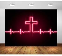 Loccor 7x5ft Fabric Cross of Jesus Backdrop Heartbeat Line Red Pink Neon Glowing Heart Rhythm and Cross of God Background Christian Church Faith Banner Decor Photo Props