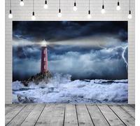 Loccor 7x5ft Fabric Flashing Lighthouse Backdrop Night Lightning Searchlight Lighthouse Seaside Natural Scenery Background for Party Birthday Decorations Kids Adults Studio Booth Photo Props