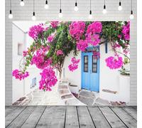 Loccor 7x5ft Fabric Greece Santorini Street Backdrop Traditional White Architectures Romantic Flowers Background for Santorini Wedding Birthday Party Decorations Photo Studio Props