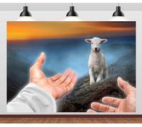 Loccor 7x5ft Fabric Jesus and Lamb Backdrop Hands of God Reaching Out to Lost Sheep Biblical Scene Background Jesus Saving Lost Lamb Backdrop Religious Christian Church Baptism Decor Photo Props