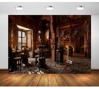 Loccor 7x5ft Fabric Medieval Tavern Backdrop Wooden Bar Interior Fireplace Counter Tables Chairs Inn Bar Restaurant Photography Background for Party Decorations Photo Studio Props