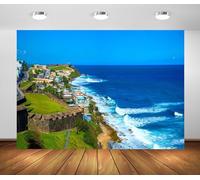 Loccor 7x5ft Fabric Puerto Rico Coastline Scenery Backdrop Old San Juan Skyline Caribbean Island Tropical Seascape Background for Puerto Rico Theme Party Decorations Travel Photo Props