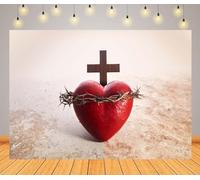 Loccor 7x5ft Fabric Sacred Heart of Jesus Backdrop Crown of Thorns and Wooden Cross Crucifixion and Resurrection Photography Background Easter Christian Religious Church Decor Photo Studio Props