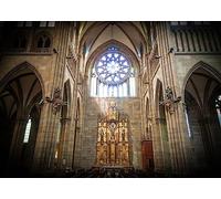 Loccor Fabric 10x8ft Old Catholic Church Photography Backdrop Golden Altar Centrel Stained-Glass Window Arches Columns Religion and Faith Holy Places Architecture Interior Background Photo Props