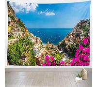 Loccor Italian Amalfi Coast Tapestry Famous Positano Town Sea View Tapestry Mediterranean Coastal Landscape Italy Wall Hanging for Bedroom Living Room Decor 70''x47'', Multicolor