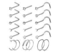 LOCCY 21-30PCS 20G Nose Rings Nose Studs, Stainless Steel Nose Rings L-Shaped Nose Stud Screws with Cubic Zirconia Nose Piercing Jewellery for Men Women, Silver/Gold (Silver-21PCS)